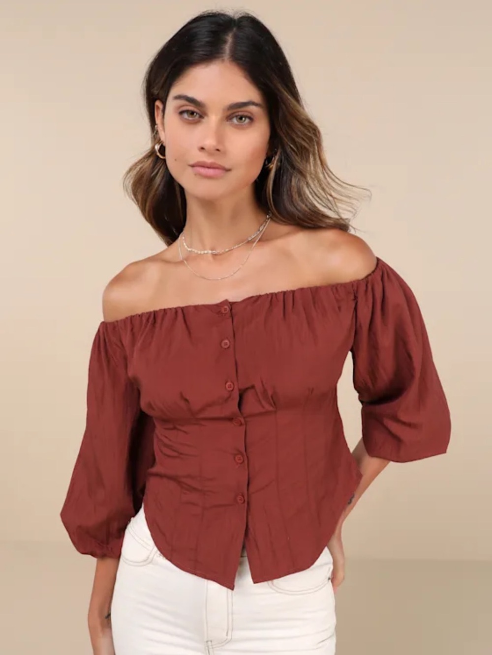 Lulu's Burnt Orange Off-Shoulder Puff Sleeve Button-Up Top